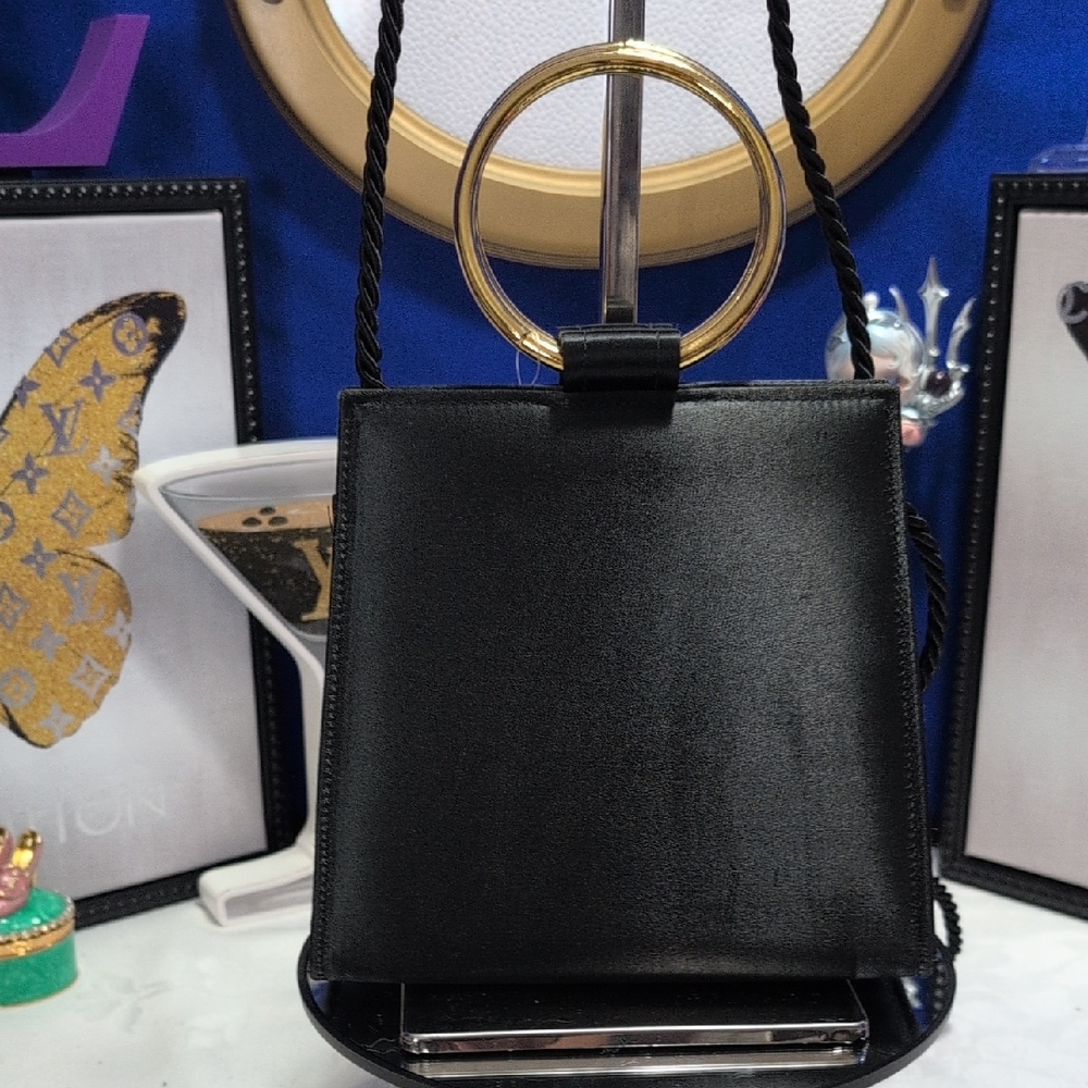NWT - VINTAGE Henri Bendel Black Satin Framed Evening Bag w/ Gold Ring Handle 🔥
